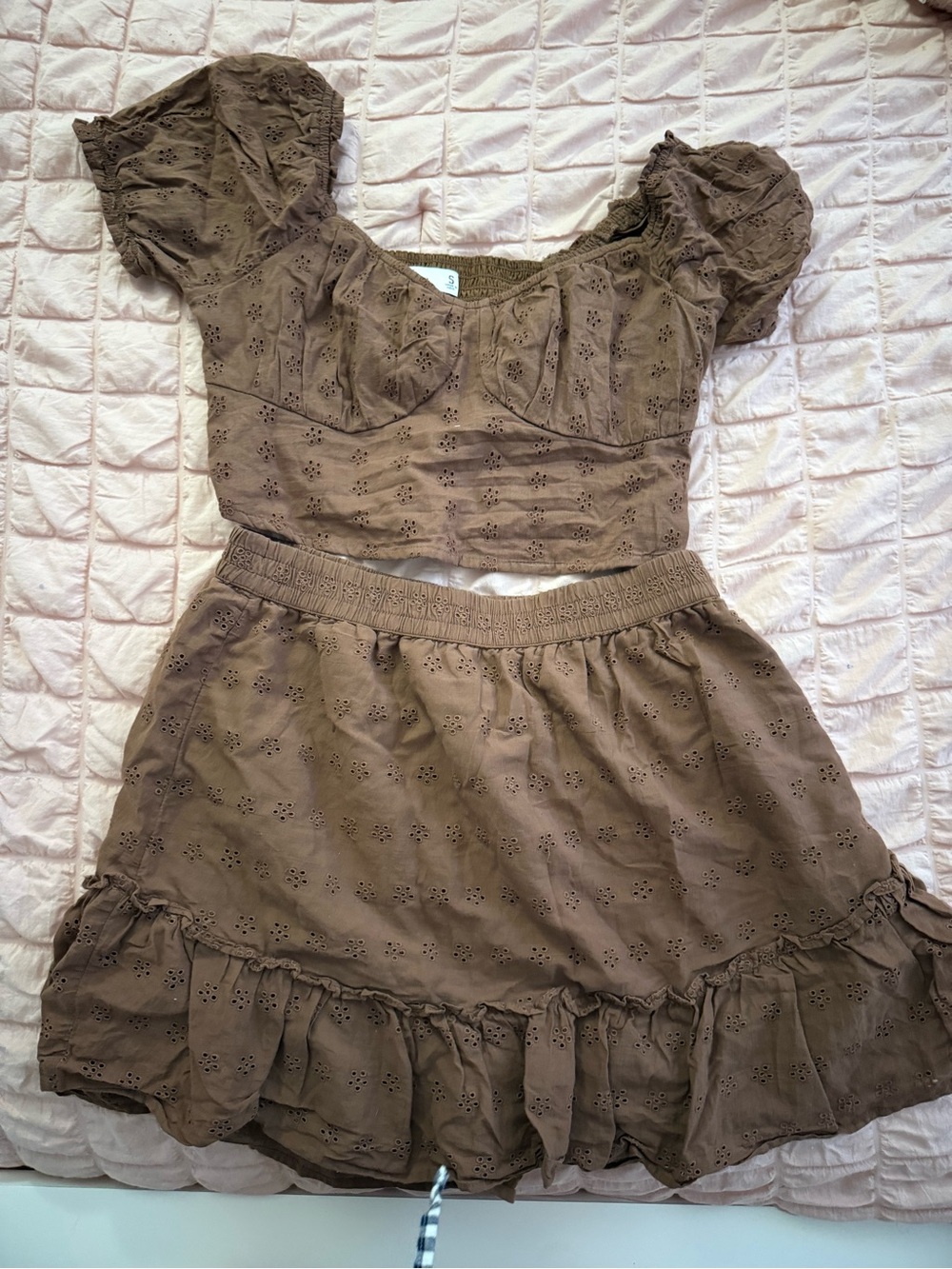 Girls Brown Eyelet Two-Piece Dress Set